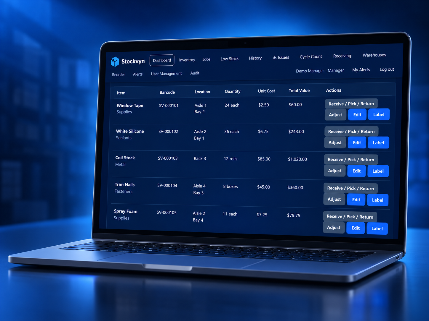 Stockvyn inventory management dashboard